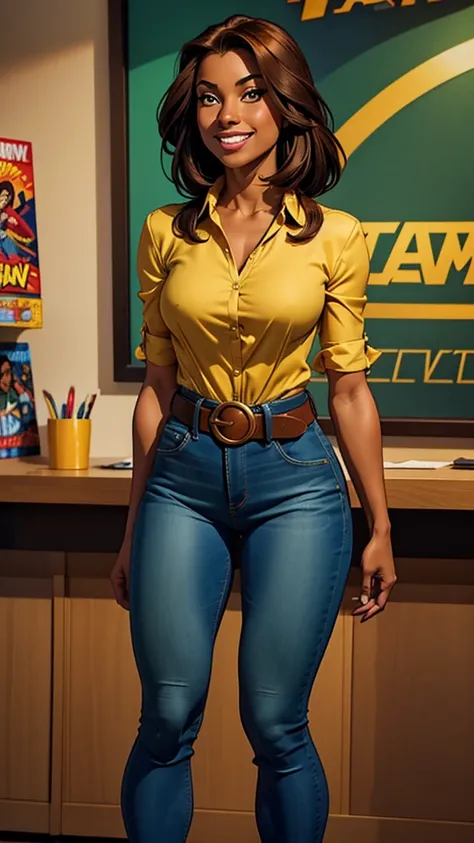 Leilani, she is short, with dark skin and straight hair, approximately 21 years old and with a cheerful personality, she was wearing a green and denim blouse and in the middle a brown belt that showed off her thin waist, comic style. Marvel comics