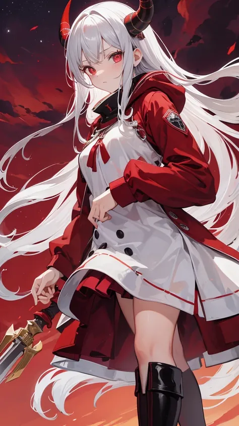 (masutepiece:1.2, Best Quality),  [1 girl, expressioness, oversized red coat, silver hair, red inner hair,long hair, 2horns on the head, beige horns, beautiful eyes, brilliant eyes, Red Eyes,wine red colored shirts, silver long cloak, silver boots, beige m...