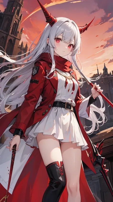 (masutepiece:1.2, Best Quality),  [1 girl, expressioness, oversized red coat, silver hair, red inner hair,long hair, 2horns on the head, beige horns, beautiful eyes, brilliant eyes, Red Eyes,wine red colored shirts, silver long cloak, silver boots, beige m...