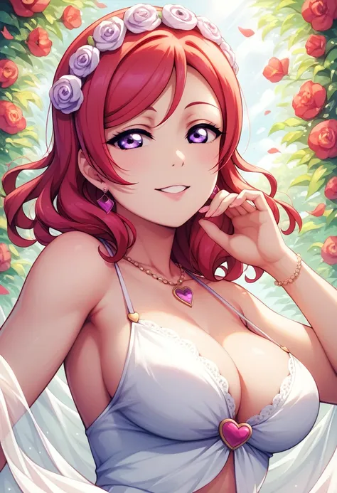 masterpiece, beautiful, facial details, 8k wallpaper, maki nishikino love live, red hair, purple eyes,summer dress, detailed hai...