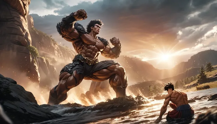 Cristiano Ronaldo fighting against Son Goku in Midlearth, Ironman sitting with Black Widow, highly detailed, cinematic lighting, dramatic action pose, muscular figures, epic fantasy landscape, photorealistic, 8k, award winning digital art