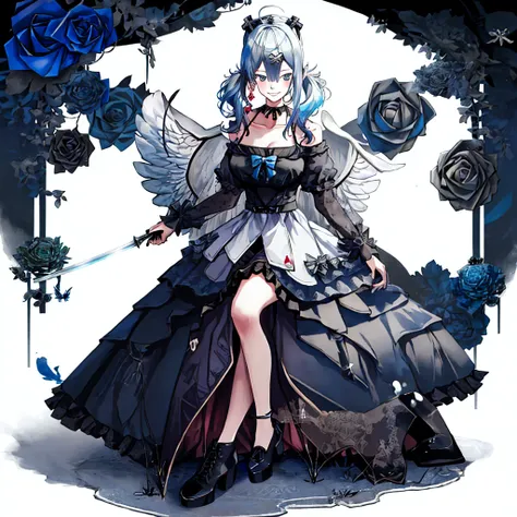 ((best quality)), ((masterpiece)), (detailed), 1girl, character design, female, dynamic poses, ((long blue hair)), grey white ey...