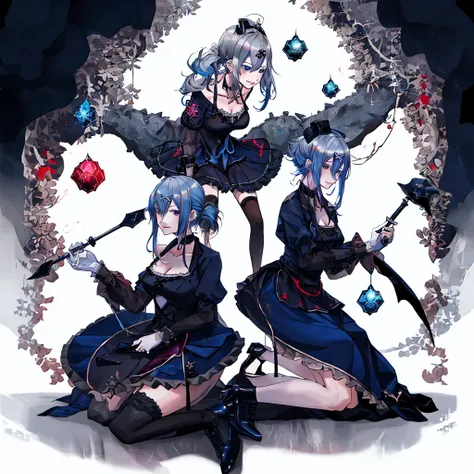 ((best quality)), ((masterpiece)), (detailed), 1girl, character design, female, dynamic poses, ((long blue hair)), grey white ey...