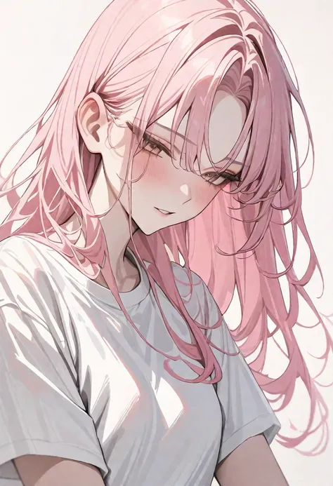 (masterpiece, highest quality,:1.2), One girl, (alone:1.3), Upper Body, pink hair,long hair,オフショルダー ,White shirt, Short sleeve, , ( Best aesthetics, new, newest, highest quality, masterpiece:1.2), soft_Lighting, soft_skin_tone, woman_hair, (虹 ,泡 ,White Bac...