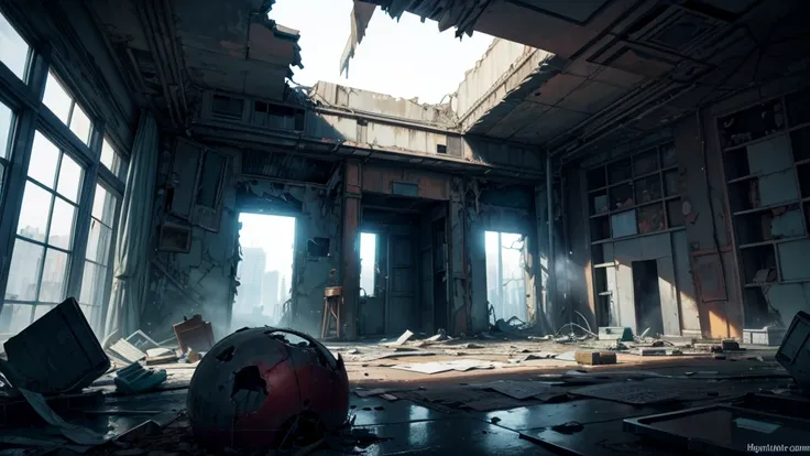 create a scenario of an abandoned futuristic room in a building in the middle of a destroyed and abandoned city