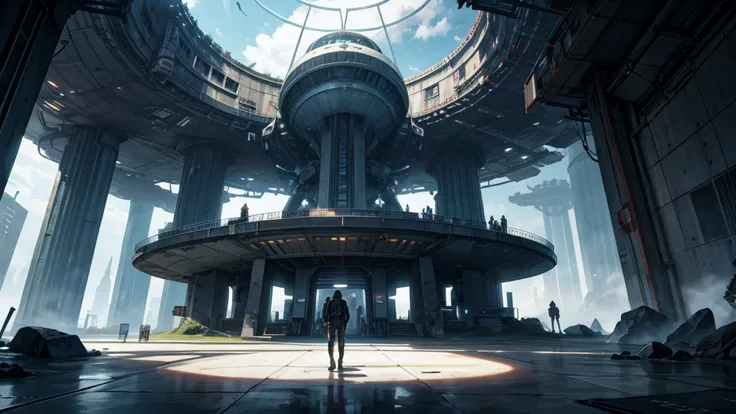 create a scenario of the entrance to an abandoned futuristic spaceship base. as if it were an airport for ships. futuristic scen...