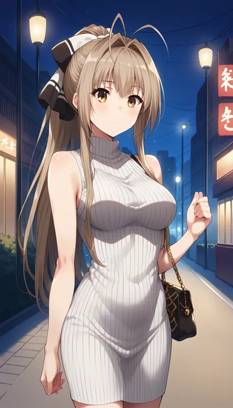 score_9, score_8_up, score_7_up, source_anime, aaisuzu, solo, long hair, antenna hair, ponytail, hair bow, breasts, night, stree...