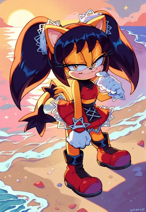 score_9, score_8_up, 2D, beach, sunset, looking at viewer, 1girl, very detailed, extremely detailed, honey the cat from the sonic the hedgehog series, full body, (red bikini), frilly hair ties, half-closed eyes, smug smile