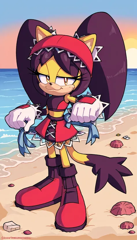 score_9, score_8_up, 2D, beach, sunset, looking at viewer, 1girl, very detailed, extremely detailed, honey the cat from the sonic the hedgehog series, full body, (red bikini), frilly hair ties, half-closed eyes, smug smile