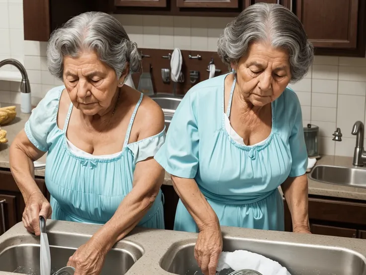 grandma catarina with slumped shoulders and deep circles under her eyes, washing dishes in a sink full of dishes.