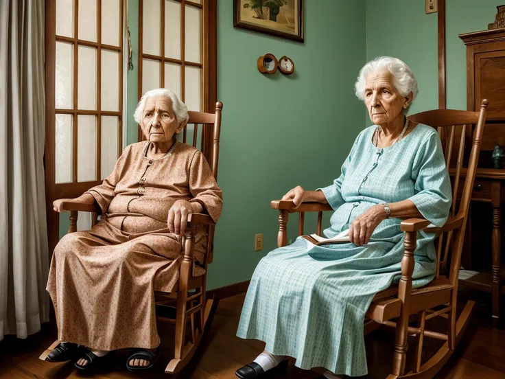 grandma catarina sitting alone in her rocking chair, with a distant and sad look in your eyes.