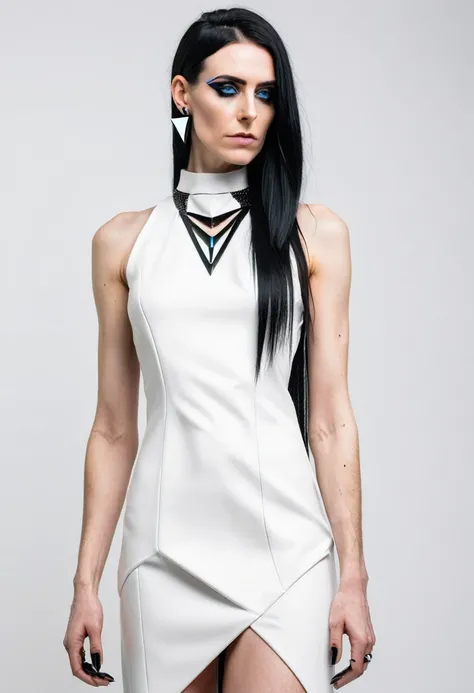 SLIM 35 years old woman, , small ass, black long hair, wearing MINIMAL WHITE cyberpunk MINIDRESS with triangular forms, in a white background, black nails, triangular necklace, triangular earrings, 