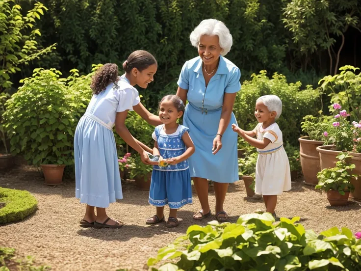 grandma catarina playing with the children in the garden, with a radiant smile on your face