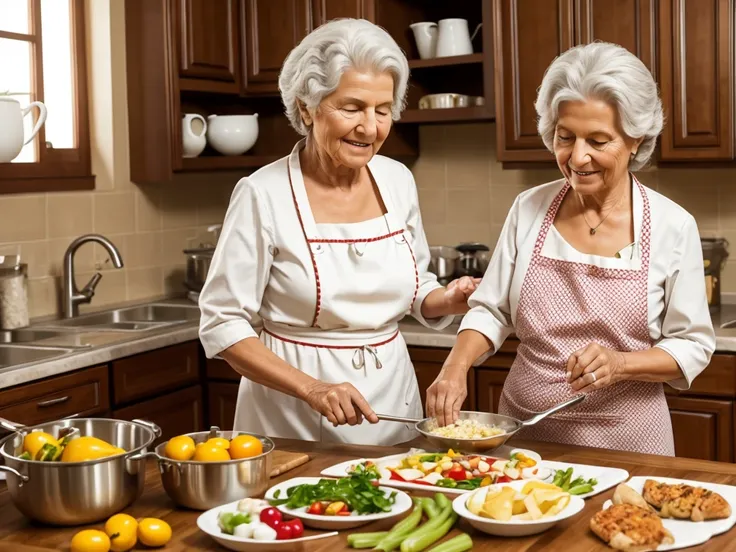 grandma catarina cooking happily in her kitchen, preparing a delicious meal for your friends and family.