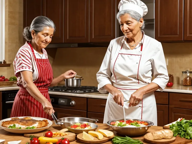 grandma catarina cooking happily in her kitchen, preparing a delicious meal for your friends and family.