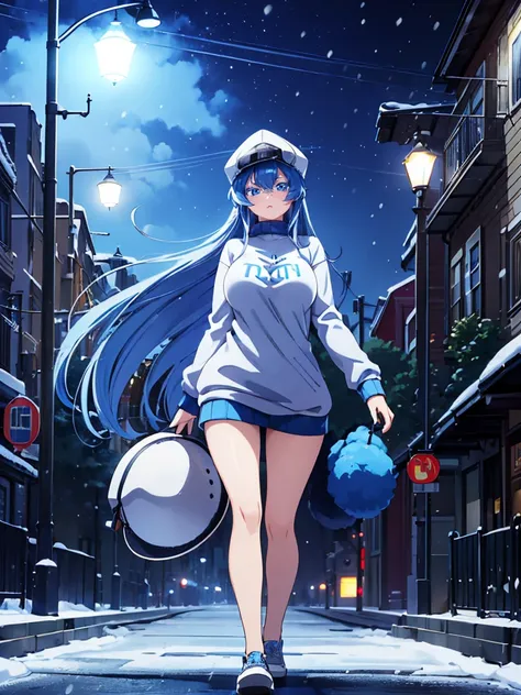 (artwork, best quality) a girl with long blue hair, blue eyes, blue eyelashes, big breasts, white sweatshirt with a hat, walking, upset, on a street in Russia, snowing heavily, at night