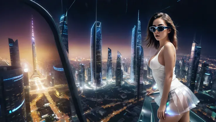 aerial view. Estilo: arte conceitual. A cena: Futuristic cityscapes with all-glass towering skyscrapers and (sleek aerodynamic vehicles) speeding through the air, 1drone. High-resolution OLED GUI interfaces in the building, The windows are filled with tran...