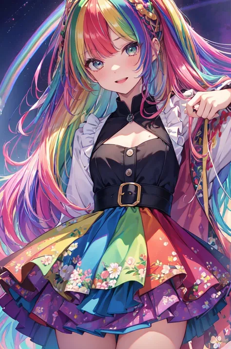 （In 8K, Highest quality, Pieces fly:1.2)、Ultra-high resolution,1 Female, 16 years old、Highly detailed face,Fine grain,Open your mouth,Laughter,((Rainbow Hair)),Asymmetrical bangs,Twin Blade,break,((Floral Dress)),Frilled Skirt,break,(Rainbow light:1.4),bot...