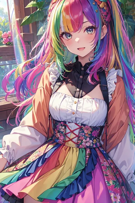 （In 8K, Highest quality, Pieces fly:1.2)、Ultra-high resolution,1 Female, 16 years old、Highly detailed face,Fine grain,Open your mouth,Laughter,((Rainbow Hair)),Asymmetrical bangs,Twin Blade,break,((Floral Dress)),Frilled Skirt,break,(Rainbow light:1.4),bot...