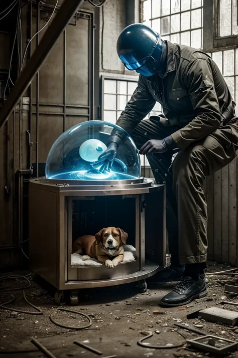 A man with his dog in an abandoned secret laboratory and there is an alien embryo being incubated in a machine