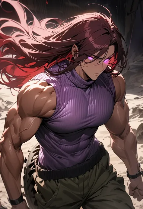 Masterpiece, Ultra detailed, half body, close up, 1 man, shoulder length hair, dark red hair, purple left eye,  glowing eyes, compressed sleeveless sweater, buggy pants, big muscles, sandals, everything body, close up