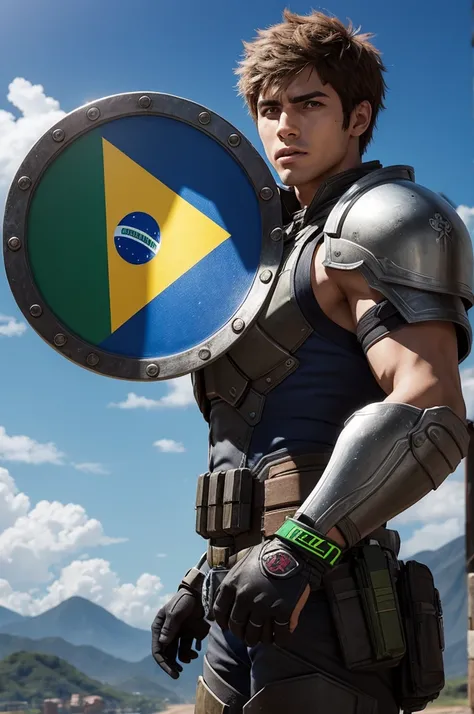 A Brazilian gamer shield with realistic background