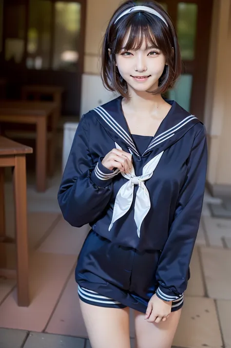 Sailor suit, One Woman, (Beautiful woman, delicate :1.3), Black Hair, Bobcut, bangs,8K), (Highest quality: 1.2), (Realistic), (Realistic: 1.37), (masterpiece), (Ultra-high resolution), (RAW Photos), (Absolute Resolution), (((体に比べてSmall face: 1.4))), (((Sma...