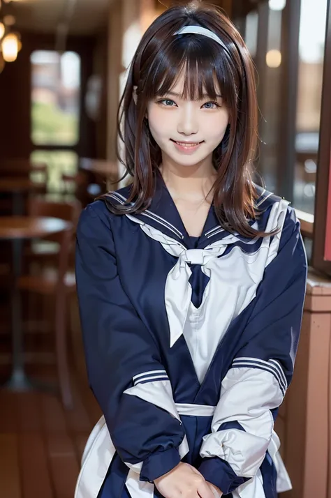 Sailor suit, One Woman, (Beautiful woman, delicate :1.3), Black Hair, Bobcut, bangs,8K), (Highest quality: 1.2), (Realistic), (Realistic: 1.37), (masterpiece), (Ultra-high resolution), (RAW Photos), (Absolute Resolution), (((体に比べてSmall face: 1.4))), (((Sma...