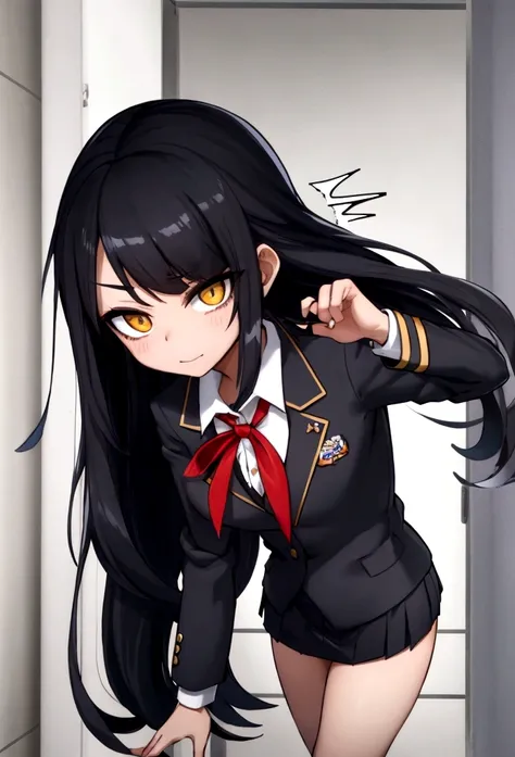 Close-cropped bangs, long sideburns, long straight black hair, female student, navy blazer, white shirt, red ribbon tie, checked miniskirt, Raise foot high , high-kick, shout