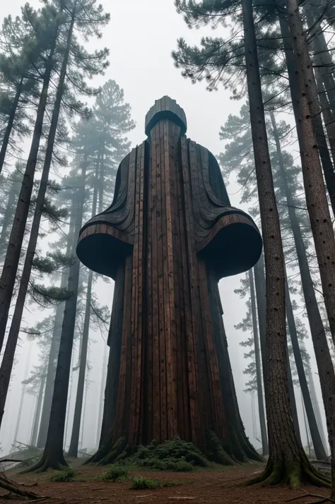 3 meter tall creature with three heads, with wooden skin, in the middle of a pine forest with fog 
