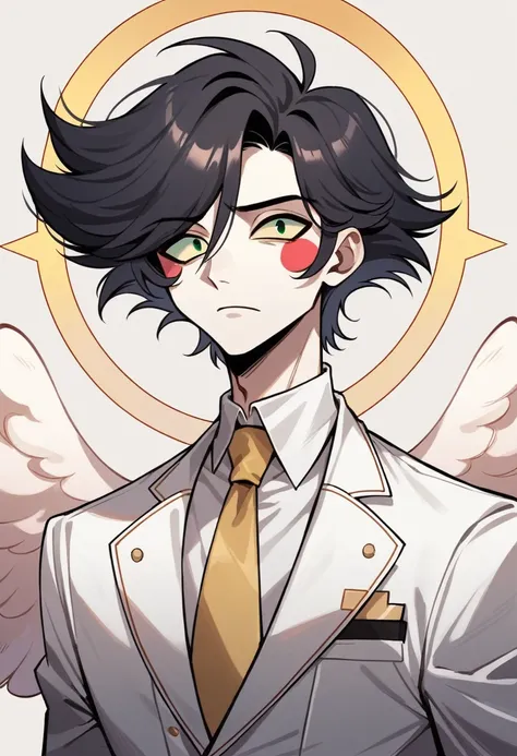 (masterpiece), best quality, expressive eyes, perfect face ,male focus, 1boy, solo, black hair, medium hair, clean hair, tall, angel, heavenly host, Soldier, halo, green eyes, long sleeves, white suit, golden tie, golden shoulders, hazbin hotel
