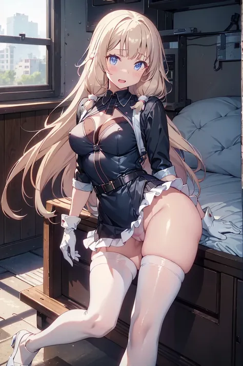 1girl, cute breast, beautiful breasts,black suspenders,(Bulging ,small breasts:1.3),(long Black miniskirt:1.3),garters,Gaze,Small face,bangss,holster,gun Belt Armament holder,her thin pubic hair, (cowboy shot:1.2), (Beautiful and detailed eyes description)...