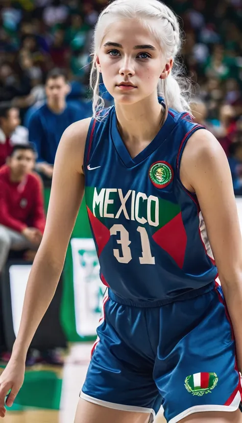 Female teenager with white hair up blue eyes and white skin wearing MEXICO basketball uniform full body 