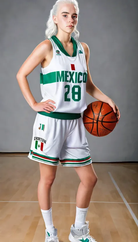 Female teenager with white hair up blue eyes and white skin wearing MEXICO basketball uniform full body 