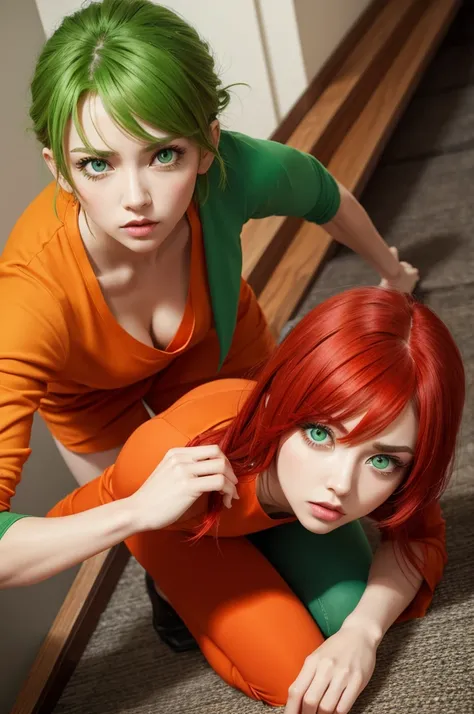 Inside Out 2 Emotion Jealousy Green Eyes, Red hair, 3d orange outfit
