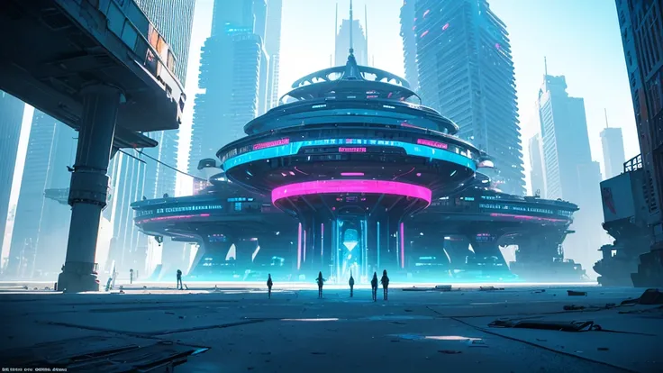 a futuristic beach scene, abandoned and deserted, no boats or people, massive skyscrapers in the background, glowing neon signs, floating platforms, glowing energy fields, shimmering holographic displays, vibrant neon colors, cinematic lighting, intricate ...