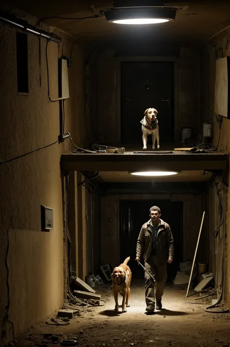 A man with his dog in an underground laboratory like an abandoned secret bunker and they are exploring secret rooms and there are lights that turn on and off due to the wear and tear of time. 