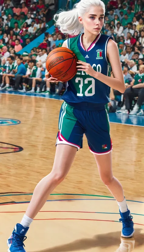 Female teenager with white hair up blue eyes and white skin wearing MEXICO basketball uniform full body 