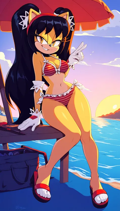 score_9, score_8_up, 2D, beach, sunset, looking at viewer, 1girl, very detailed, extremely detailed, honey the cat from the sonic the hedgehog series, full body, frilly hair ties, half-closed eyes, smug smile, {(red bikini), (striped bikini bra), (striped ...