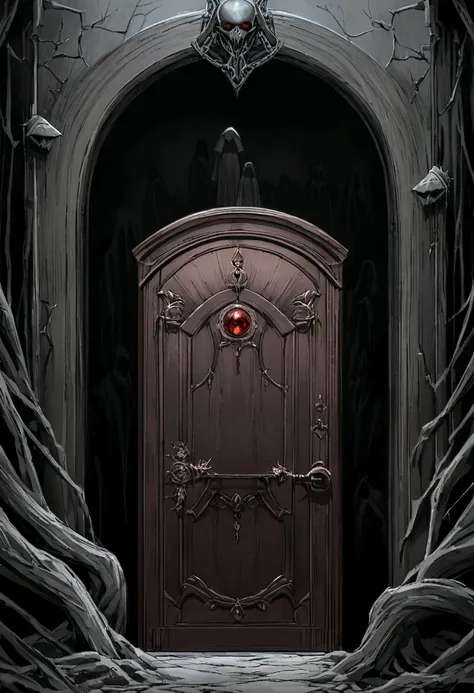 A phantom difference，Pull a newly reincarnated soul with an iron chain,In a very dark clearing，hellish environment, mysterious ambiance, There&#39;s a super big door in front，