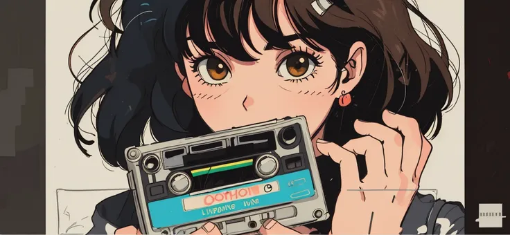 A person holding a cassette tape labeled ‘LOFI 1970-4,’ evoking a sense of nostalgia and retro music. The illustration style is reminiscent of manga or anime, with detailed hair and expressive line work.