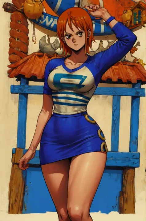 dorohedoro style, nami from one piece, short orange hair, white t-shirt with blue stripes, orange short skirt, sexy thick body