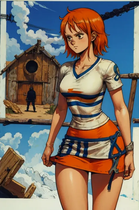 dorohedoro style, nami from one piece, short orange hair, white t-shirt with blue stripes, orange short skirt, sexy thick body