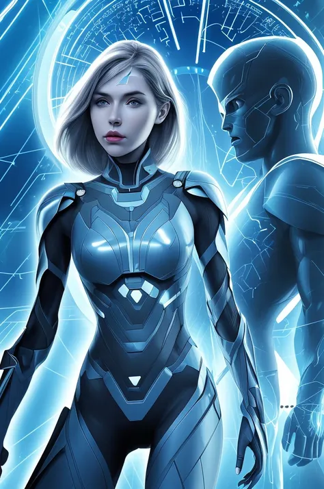 digital era in the background with genetic codes linked to Human DNA , with a person fighting technological false information, and a shield protecting.