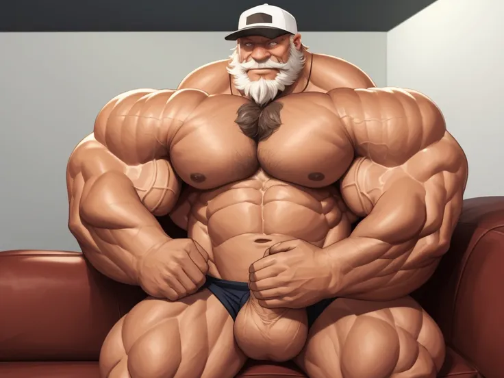 huge muscular old man ,simple background , wearing baseball hat, happy, pectoral, thick arms, huge pectoral, sitting in sofa, (huge penis and big balls hyper penis), Puff out chest:1.2, short hair, bigger pec, bigger pectoral, hyper pec, hyper pectoral, ex...