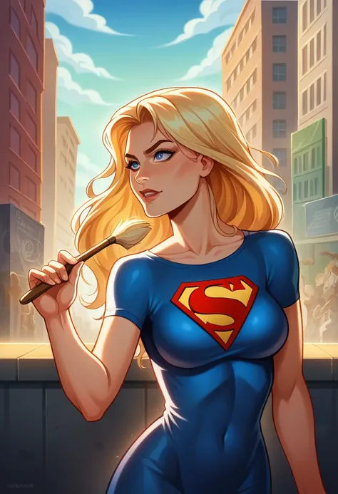 Supergirl, Over the city, Preparing for battle, Detailed artistic photography, Beautifully detailed face, dream-like, shineing, Backlight, Glamour, shine, Shadow, Oil on canvas, Brush strokes, soft, Ultra-high resolution, 8K, Unreal Engine 5, Super focus s...