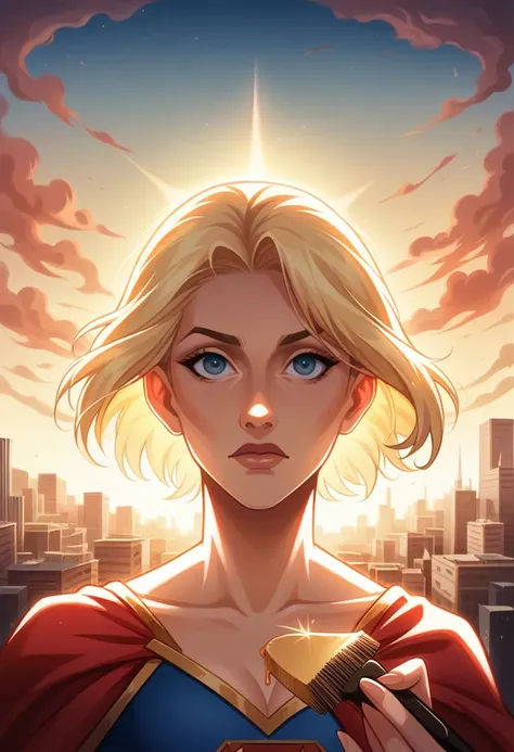 Supergirl, Over the city, Preparing for battle, Detailed artistic photography, Beautifully detailed face, dream-like, shineing, Backlight, Glamour, shine, Shadow, Oil on canvas, Brush strokes, soft, Ultra-high resolution, 8K, Unreal Engine 5, Super focus s...