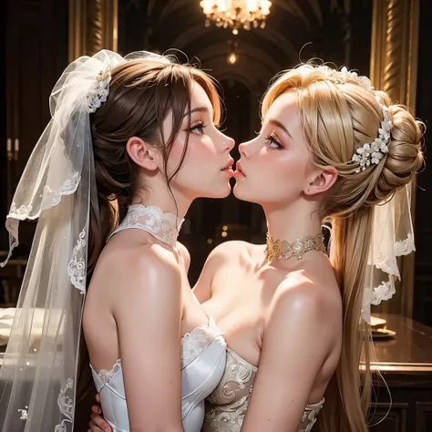 (masterpiece, highest quality, official art, beauty and aesthetic), two stunning bride is deeply in love with each other, kiss