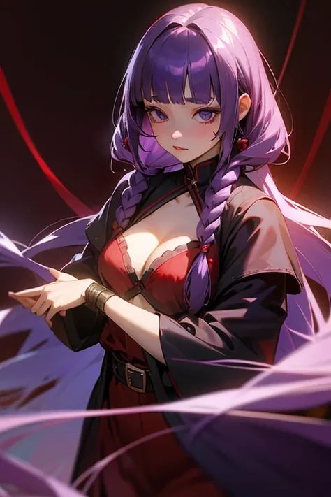 1 Girl, Blunt bangs, Braiding, Wide sleeves, hair ornaments, Red Belt, (Purple Hair:1.2), Very long hair, Straight hair, Looking at the audience, (Realistic:1.2), Beautiful Eyes, Red eyeshadow, Written boundary depth，thigh, (Urzan-6500:0.7), Upper Body, (a...