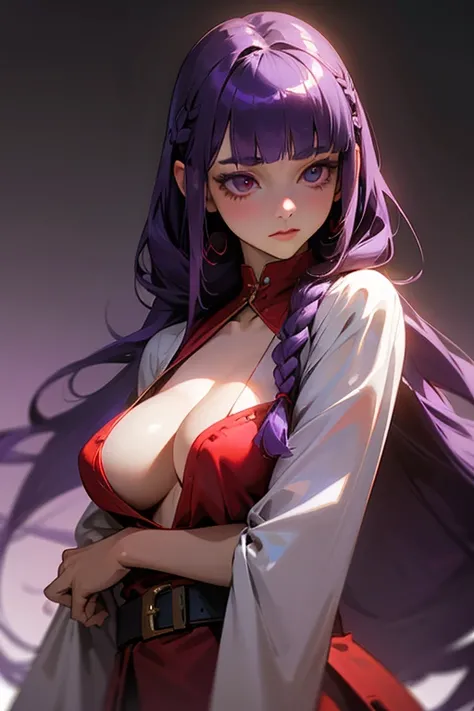 1 Girl, Blunt bangs, Braiding, Wide sleeves, hair ornaments, Red Belt, (Purple Hair:1.2), Very long hair, Straight hair, Looking at the audience, (Realistic:1.2), Beautiful Eyes, Red eyeshadow, Written boundary depth，thigh, (Urzan-6500:0.7), Upper Body, (a...